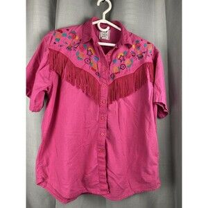 Short Circuit Women's Sz L Pink With Fringe & Embroidered Designs Button Up Top